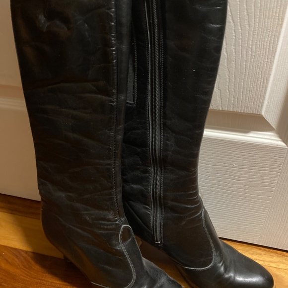 Black leather 14” high boots plus 3” heel and gold metal tip detail on toes. - Picture 3 of 5